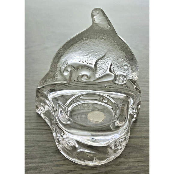 GLASS TEA LIGHT-PARTYLITE-Dolphin Jumping Over Wave-Clear Glass - Picture 3 of 8